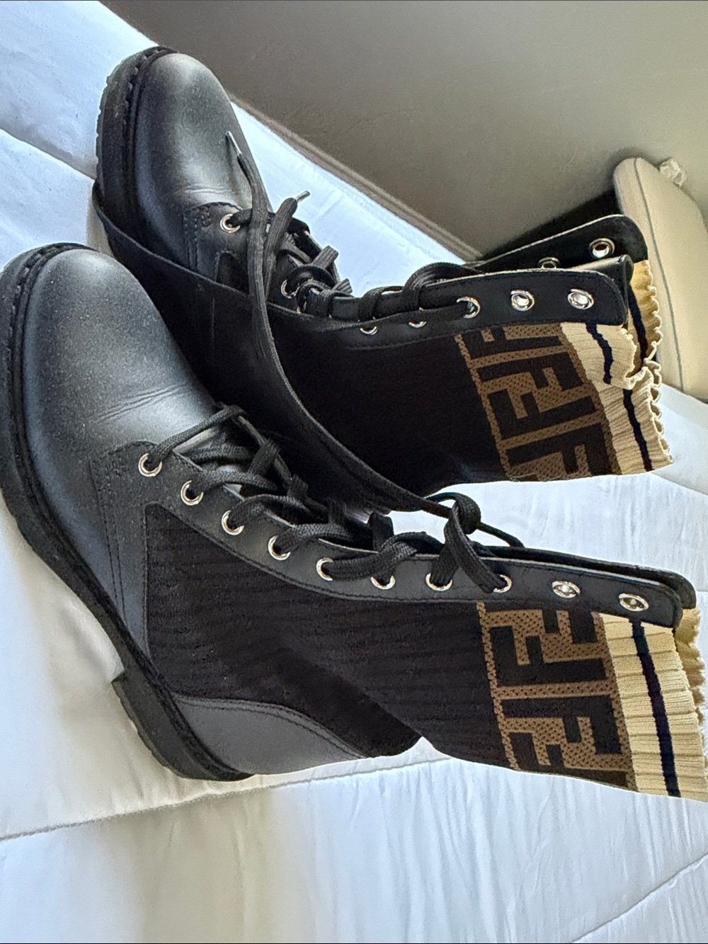 Fendi Black Leather Combat Boots with Brown Logo Knit Cuff